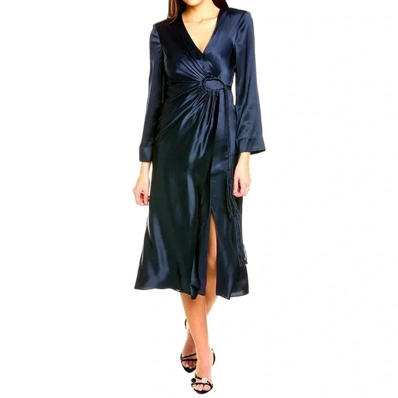 NWT-CINQ A SEPT SERENA SILK NAVY WRAP STYLE MIDI DRESS-Size 0 - Picture 2 of 6